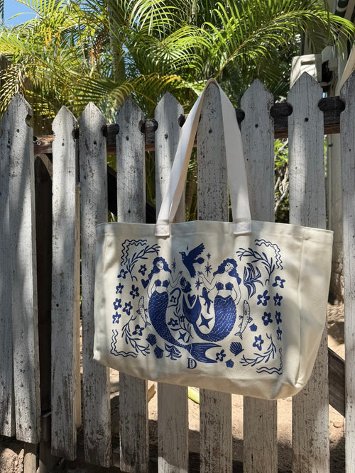 Mermaid Screen Printed Canvas Beach Bag